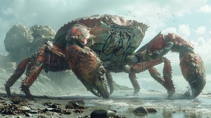 A gargantuan red crab rises from the ocean, water cascading off its formidable shell under a stormy sky.