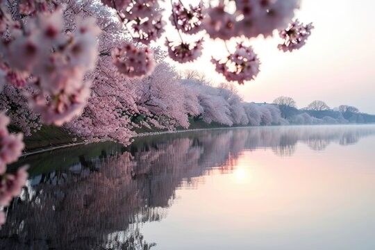 A tranquil morning scene of cherry blossom in full bloom along , AI generated