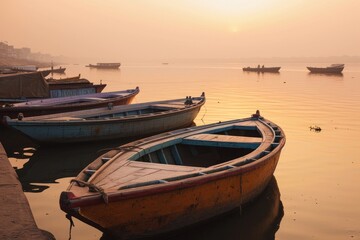 A tranquil scene of boats on the Indian river at Sunris, AI generated - obrazy, fototapety, plakaty