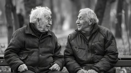 Elderly friends sharing stories on a park bench, a moment of friendship and laughter  - obrazy, fototapety, plakaty