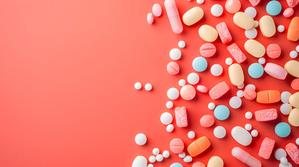 Colorful pills and marshmallows on a coral background with copy space for text. Shared focus