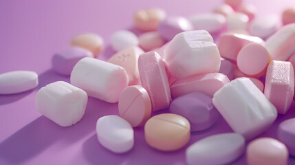 Obraz na płótnie Canvas Colorful pills and marshmallows on a lavender background with copy space for text. Shared focus