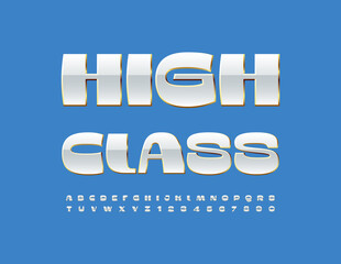 Vector elite logo High Class. Stylish White and Gold Font. Modern Unique Alphabet Letters and Numbers set.