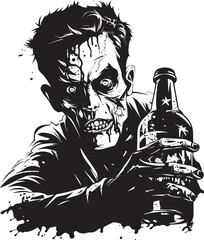 Bourbon of the Dead Zombie Whiskey Bottle Vector Logo Icon Undead Distilled Zombie Holding Whiskey Bottle Vector Emblem