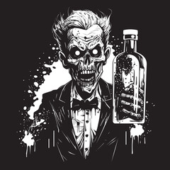 Whiskey of the Dead Zombie Embracing Bottle Vector Design Night of the Living Bourbon Zombie with Whiskey Bottle Vector Symbol
