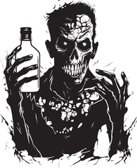 Necro Whiskey Affair Zombie and Whiskey Bottle Vector Logo Apocalyptic Bourbon Toast Zombie Holding Bottle Vector Icon