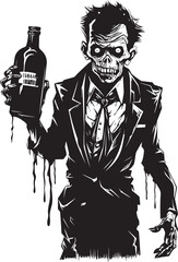 Nightmarish Bourbon Delight Zombie Holding Bottle Vector Design Graveyard Spirits Zombie and Whiskey Bottle Vector Symbol