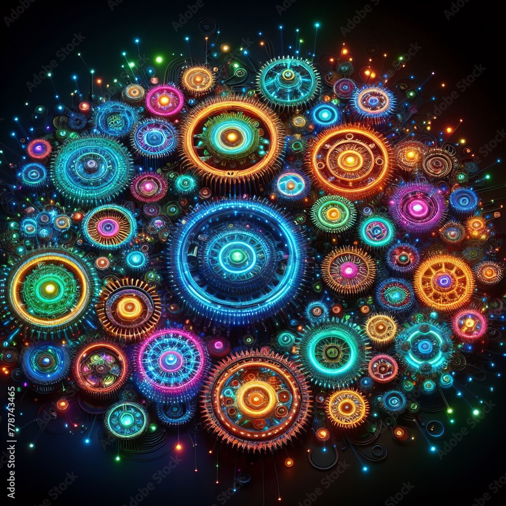 Poster a captivating digital composition featuring a constellation of gears and cogs in a cosmic dance of n