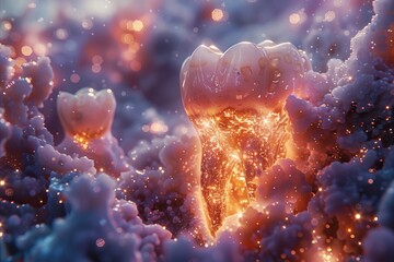 Close-up of fluoride particles bonding with a tooth, creating a sparkling shield against decay - obrazy, fototapety, plakaty