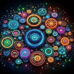 A captivating digital composition featuring a constellation of gears and cogs in a cosmic dance of neon light and shadow. AI Generation