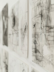 A gallery's walls come alive with abstract sketches, each accompanied by handwritten artist insights