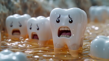 A dramatic scene where tooth characters are in danger of falling into a pit, illustrating the severe impact of untreated gum disease