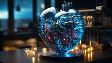 High-resolution 3D visualization of a heart with digital healthcare symbols