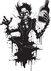 Macabre Mash Up Zombie with Whiskey Bottle Vector Emblem Rotgut Revival Zombie Holding Whiskey Bottle Vector Icon