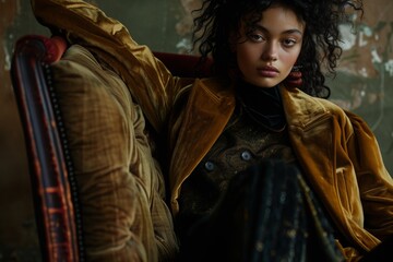 Intense portrait of a young woman in a mustard jacket, exuding strength and introspection against an abstract backdrop.

