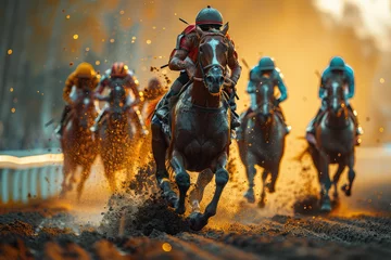 Gordijnen A dynamic race scene with horses and jockeys, vibrant colors of the racing silks. Created with Ai © Creative Stock 