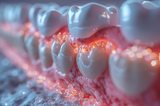 Close-up of teeth being cleansed, with water bubbles washing away hidden plaque and food particles