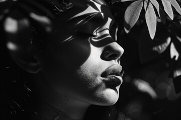 Close-up of a woman's profile with shadows of leaves, monochrome artistic portrait with light play.

