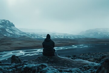 Lone figure sitting contemplatively in a vast, icy landscape, evoking a sense of solitude and reflection amidst nature.

