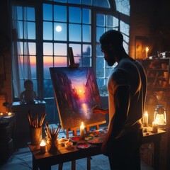 An artist stands before an easel, painting a vivid scene with candlelight illuminating the dusk setting by a large window. AI Generation