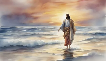 Fotobehang Watercolor painting of Jesus Christ walking on water in an impressionist style. © Pram