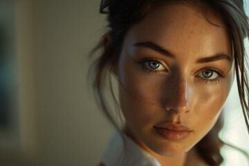 Intimate portrait of a young woman with striking blue eyes, gazing pensively, natural light accentuating her features.

