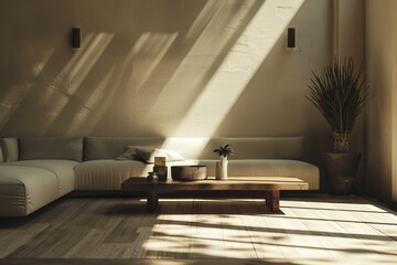 Modern living room bathed in warm sunlight through large windows, with a stylish interior and a relaxing, homely atmosphere.

