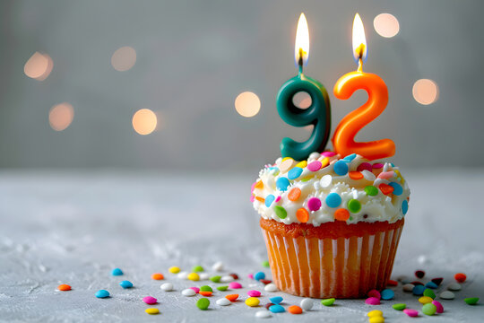 Birthday cupcake with number ninety-two candle
