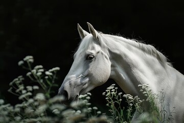 White horse stands in tall grass in summer