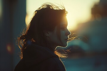 Profile of a contemplative woman bathed in the warm glow of sunset, the breeze in her hair.

