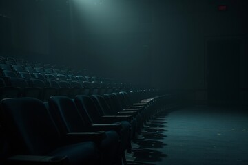 Dimly lit theater seats creating a mood of suspense and awaiting an unseen performance, ideal for dramatic backdrops.

 - obrazy, fototapety, plakaty