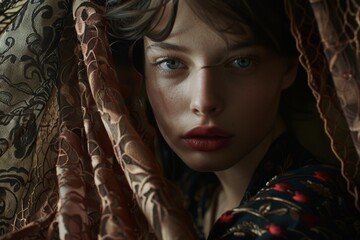 Ethereal young woman peering through luxurious curtains, an air of mystique in her intense gaze.

