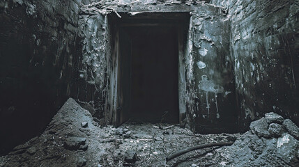 Subterranean cellar door ajar, leading into darkness, the sound of something dragging across the floor below