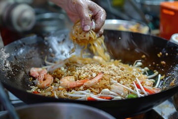 Chef Stir-frying Noodles with Shrimp and Vegetables in a Wok Over High Flame