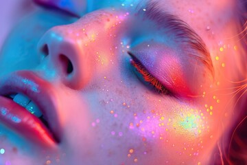 The serene expression of a woman with her eyes closed, featuring vibrant makeup and a dreamy glow.