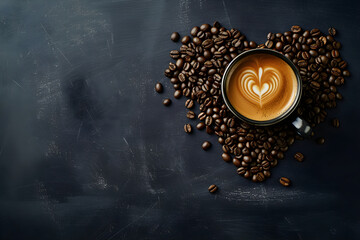 Glass of latte coffee against a background of coffee beans in the shape of a heart on a dark...