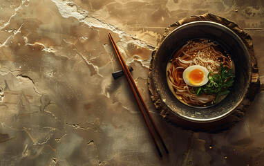 Top view of a typical japanese ramen, chopsticks on the side resting on a chopstick support with a small bowl with soya sauce, image with copy space