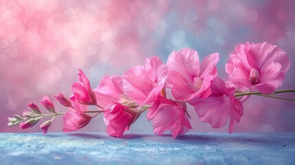 a bunch of pink flowers sitting on top of a blue and pink table cloth on top of a wooden table.