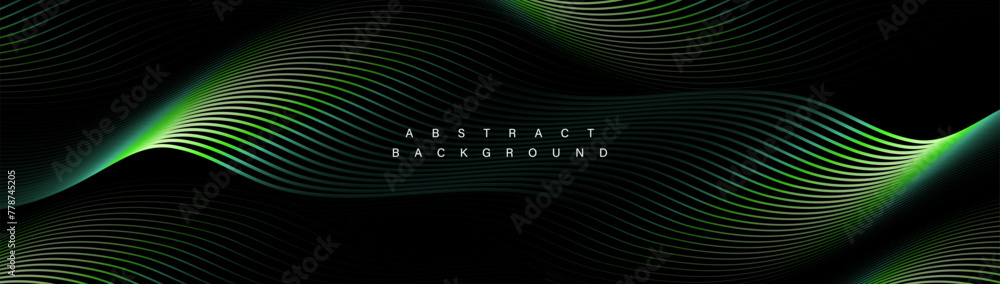 Poster abstract background with green color glowing geometric wavy lines. modern minimal trendy shiny lines