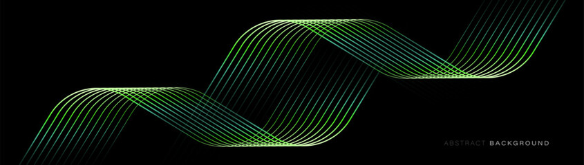 Abstract background with green color glowing geometric wavy spiral lines particle. Modern minimal trendy shiny lines pattern. Vector illustration