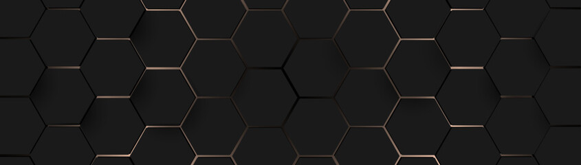 Abstract black and gold 3d hexagon pattern background. Futuristic technology banner. Vector illustration