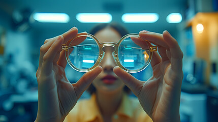 Woman holding glasses with transparent lenses, blurred background with blue light. Optometry and vision concept. Design for optical clinic advertisement or vision health blog - obrazy, fototapety, plakaty