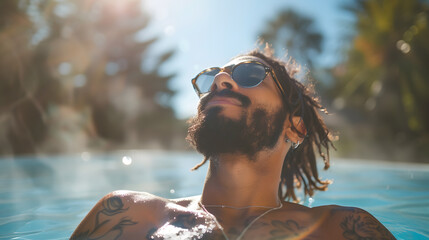 Man with tattoos relaxing in a pool with sunlight filtering through. Summer leisure and tropical vacation concept. Design for travel brochure or relaxation theme content - obrazy, fototapety, plakaty