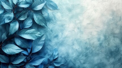a painting of blue leaves on a blue and white background with a place for the text on the left side of the image.