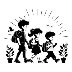 minimalist Happy siblings Children with backpacks going to the school vector black color silhouette
