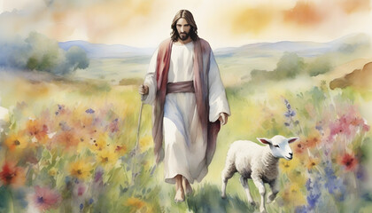 Naklejka premium Watercolor painting of Jesus Christ walking with a lamb in an impressionist style.