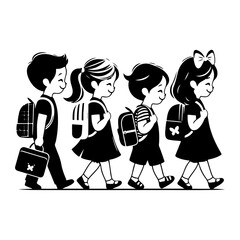 minimalist Happy siblings Children with backpacks going to the school vector black color silhouette