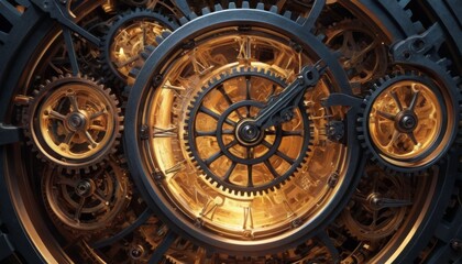 A close-up of an intricate clockwork mechanism showcases the beauty of precision engineering with golden gears and cogs.. AI Generation