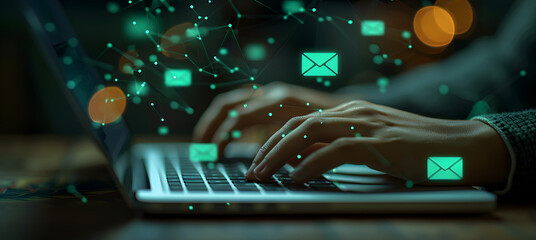 Hands typing on laptop keyboard with digital email icons and particles. Online communication and internet technology concept. Design for website banner or cybersecurity infographic, mail tabs - obrazy, fototapety, plakaty