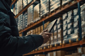 Close-up photography of a man working as a stock checker in the company warehouse - man holding a tablet and editing inventory data